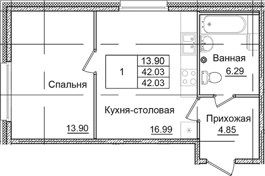 1-комнатная квартира 42.03 м², 2/9 эт., ЖК «Квартал Заречье»